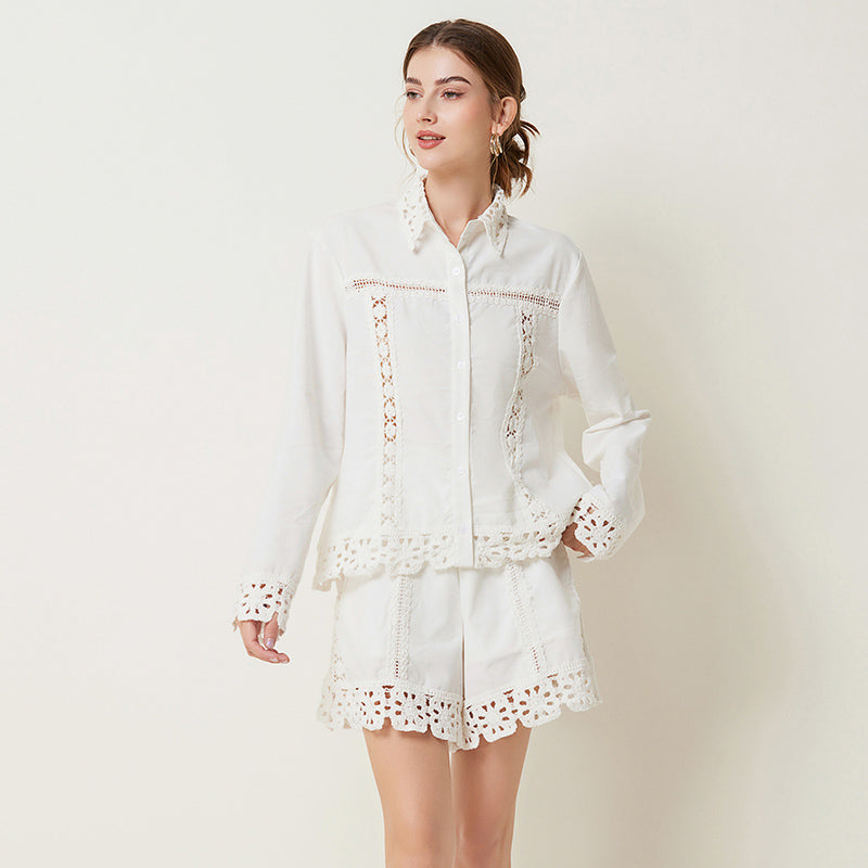 CM-SY029969 Women Elegant European Style Collar Neckline Long Sleeve Linen Top With Shorts - Set