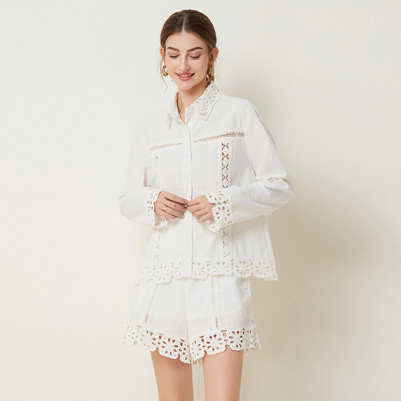 CM-SY029969 Women Elegant European Style Collar Neckline Long Sleeve Linen Top With Shorts - Set