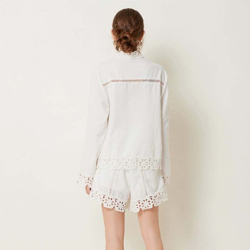 CM-SY029969 Women Elegant European Style Collar Neckline Long Sleeve Linen Top With Shorts - Set