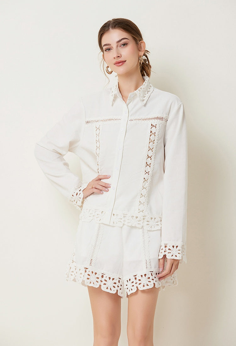 CM-SY029969 Women Elegant European Style Collar Neckline Long Sleeve Linen Top With Shorts - Set