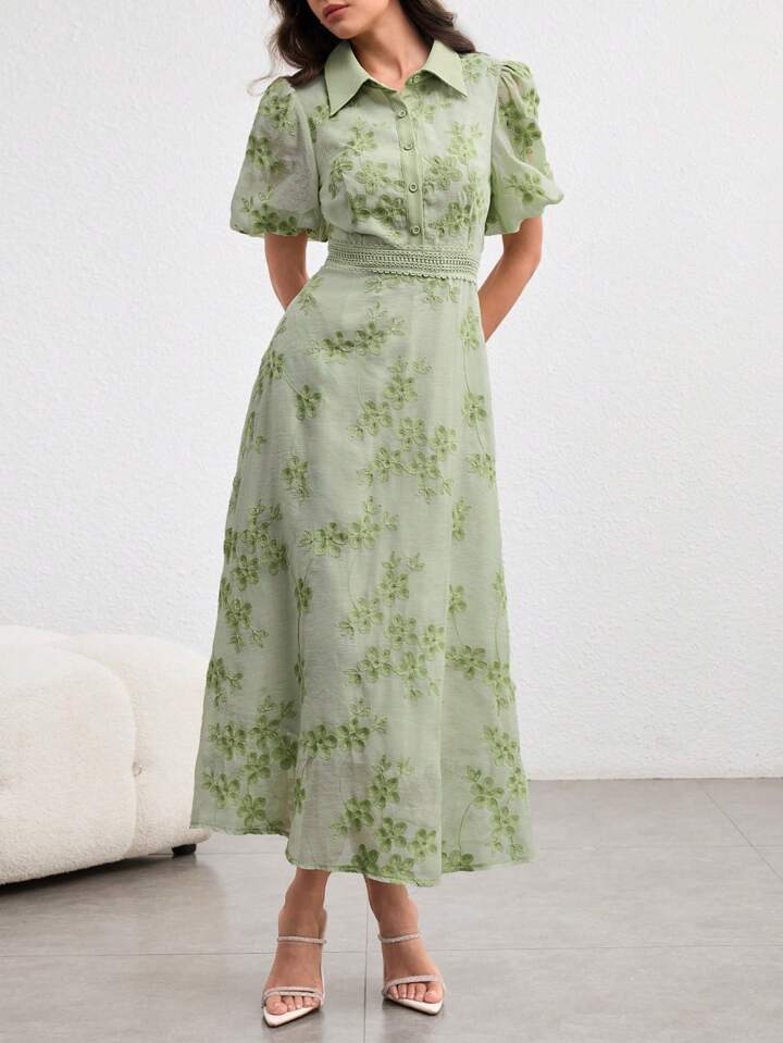 CM-DS301711 Women Elegant Seoul Style Turn-Down Collar Waist Banded Embroidered Long Dress - Green