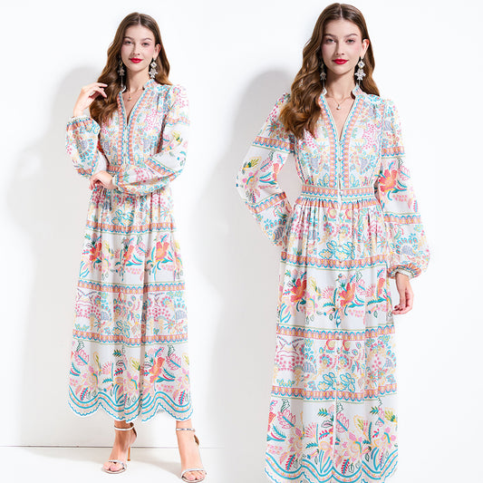 CM-DY030605 Women Trendy Bohemian Style V-Neck Long Sleeve Pinched Waist Cupcake Dress - White