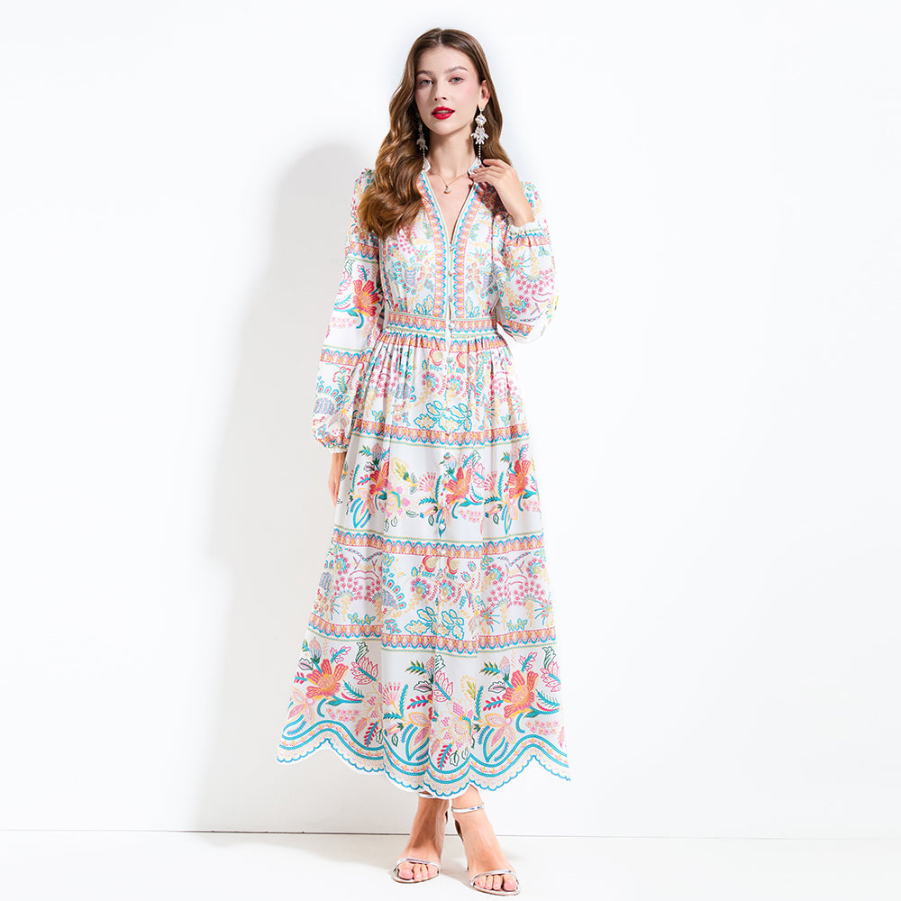 CM-DY030605 Women Trendy Bohemian Style V-Neck Long Sleeve Pinched Waist Cupcake Dress - White