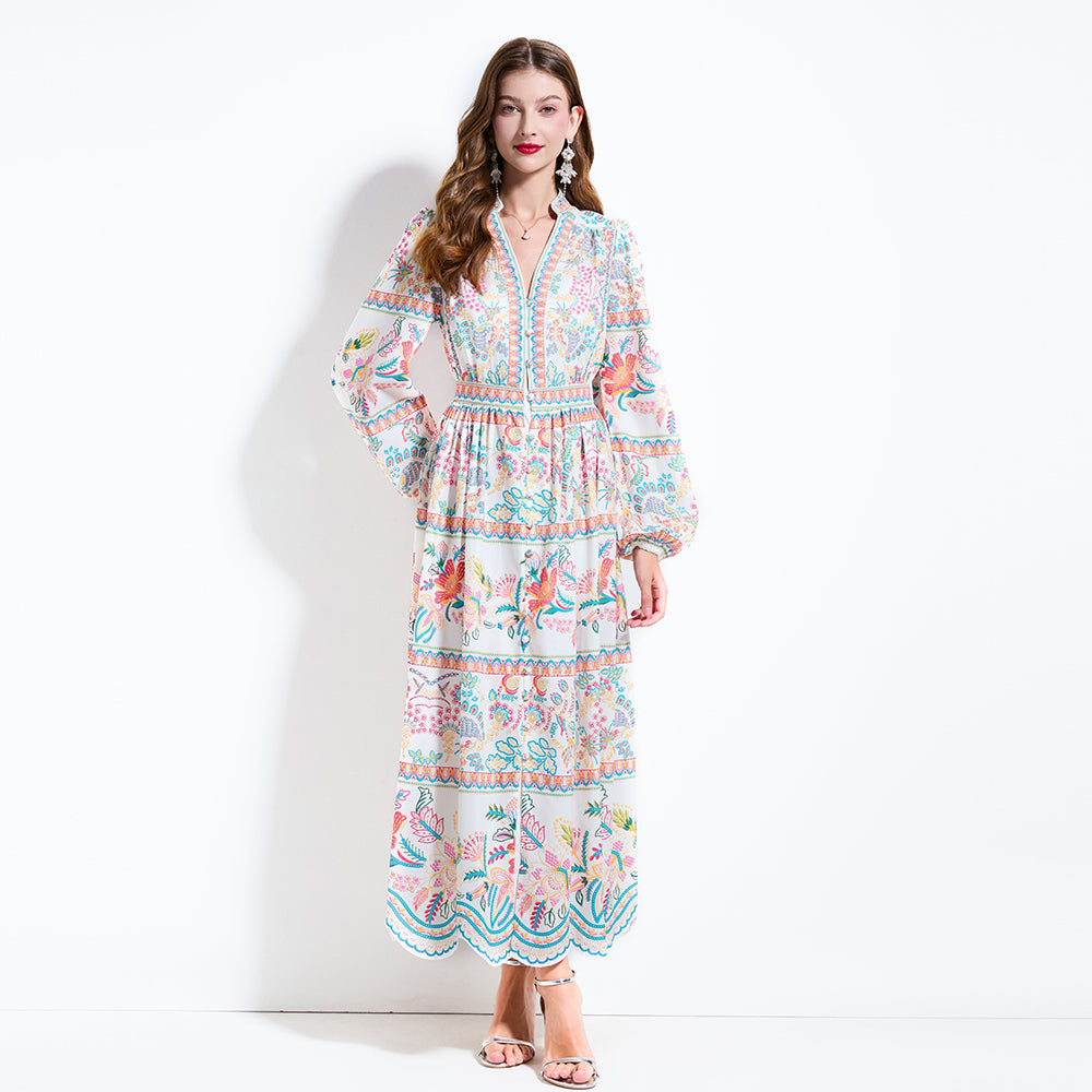 CM-DY030605 Women Trendy Bohemian Style V-Neck Long Sleeve Pinched Waist Cupcake Dress - White