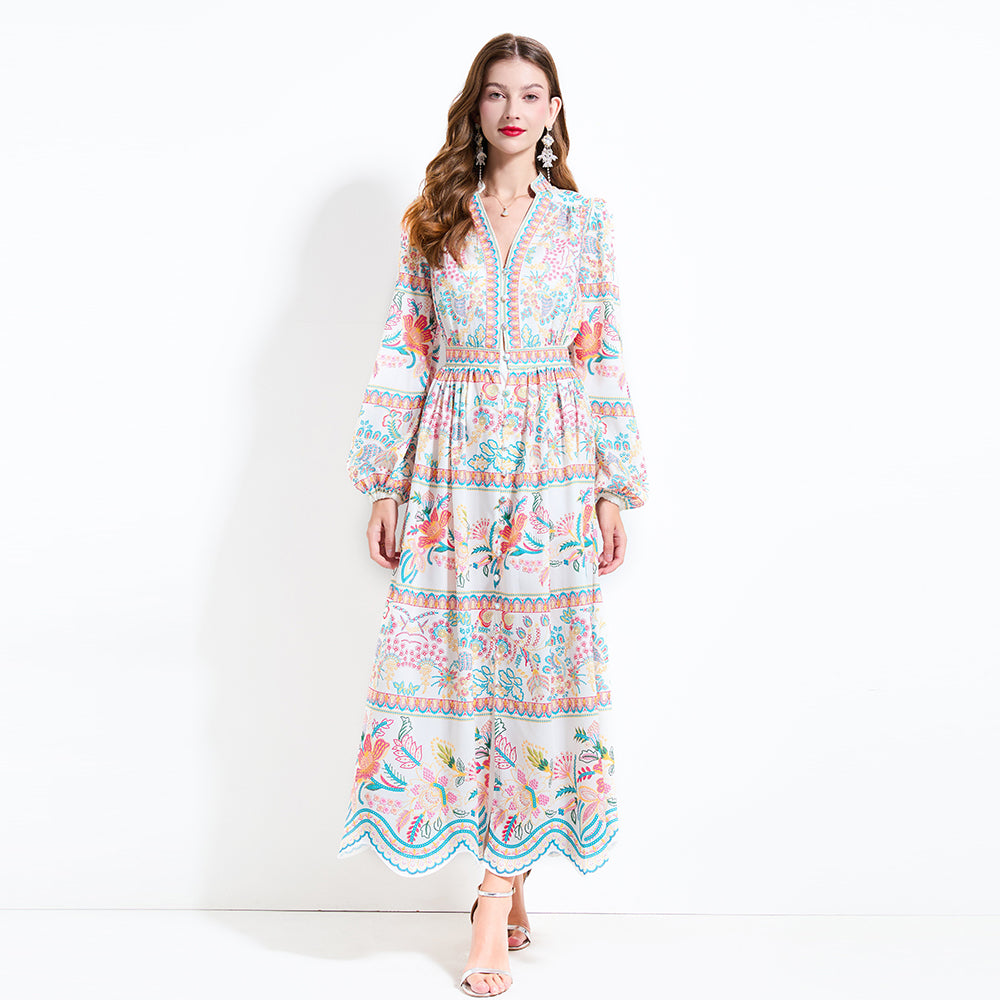 CM-DY030605 Women Trendy Bohemian Style V-Neck Long Sleeve Pinched Waist Cupcake Dress - White