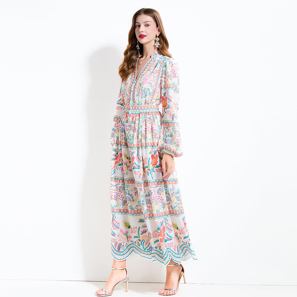 CM-DY030605 Women Trendy Bohemian Style V-Neck Long Sleeve Pinched Waist Cupcake Dress - White