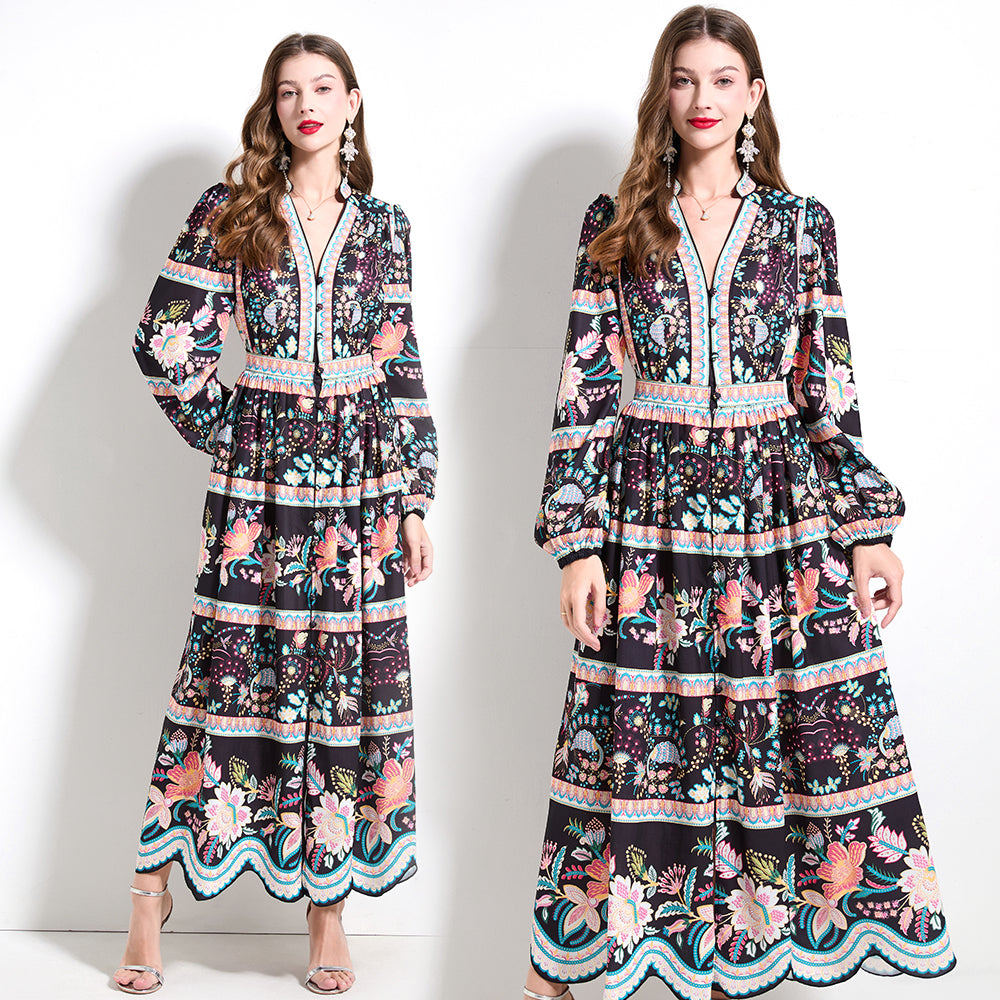 CM-DY030606 Women Trendy Bohemian Style V-Neck Long Sleeve Pinched Waist Cupcake Dress - Black