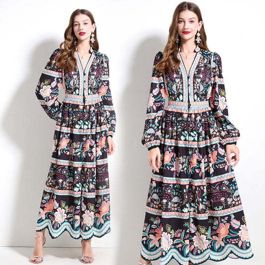 CM-DY030606 Women Trendy Bohemian Style V-Neck Long Sleeve Pinched Waist Cupcake Dress - Black