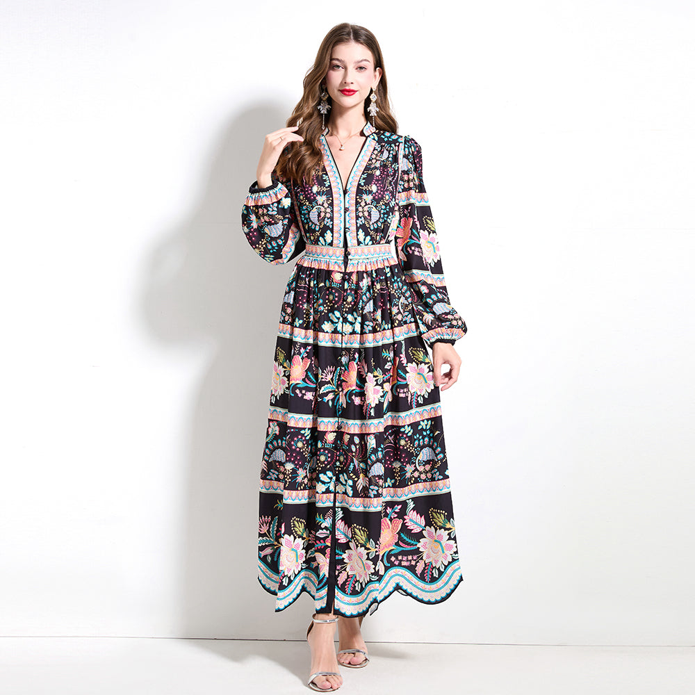 CM-DY030606 Women Trendy Bohemian Style V-Neck Long Sleeve Pinched Waist Cupcake Dress - Black