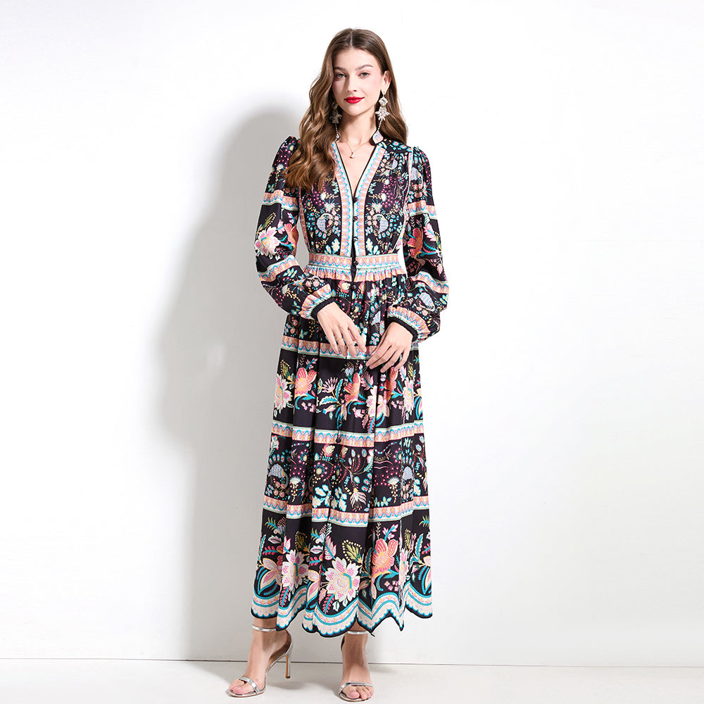CM-DY030606 Women Trendy Bohemian Style V-Neck Long Sleeve Pinched Waist Cupcake Dress - Black