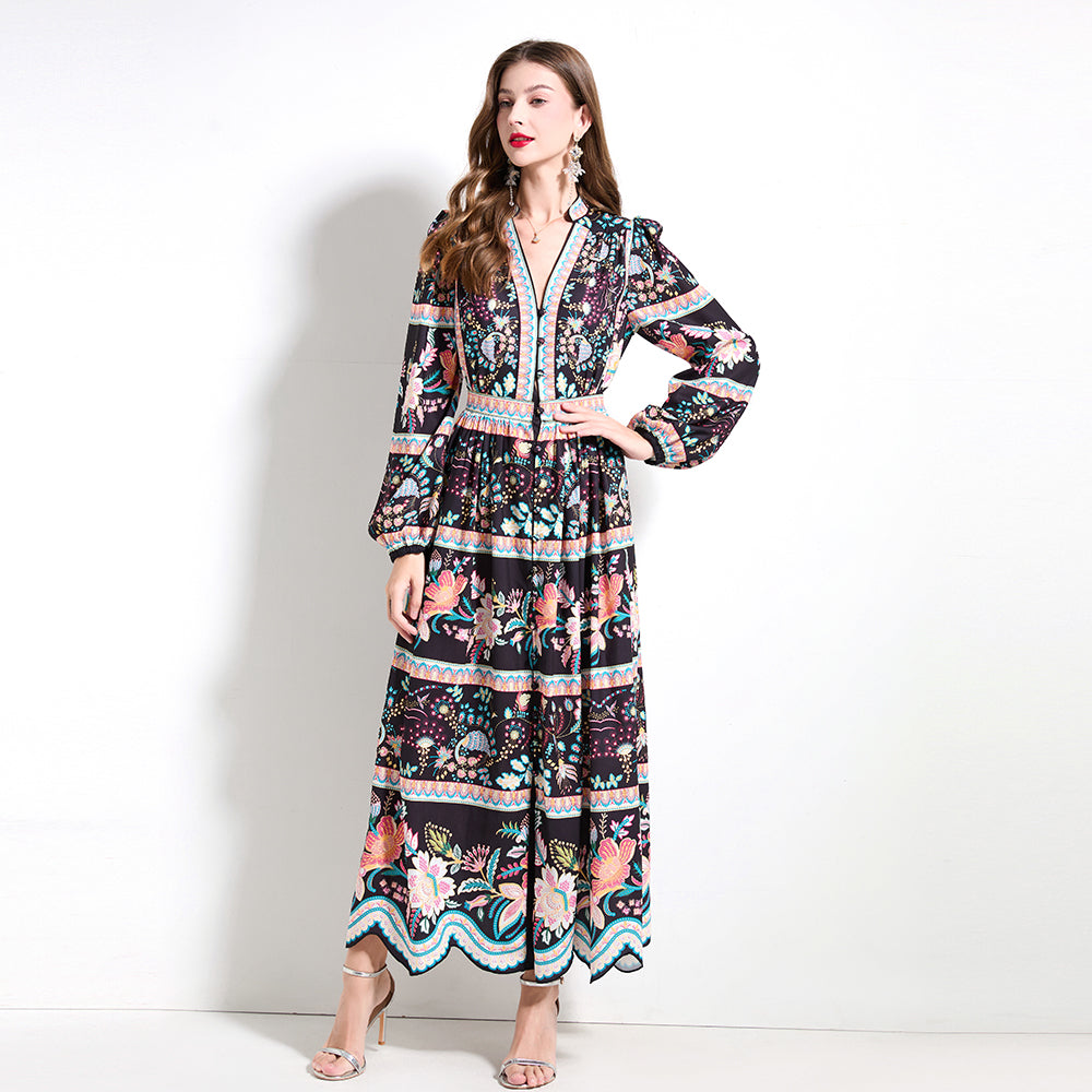 CM-DY030606 Women Trendy Bohemian Style V-Neck Long Sleeve Pinched Waist Cupcake Dress - Black