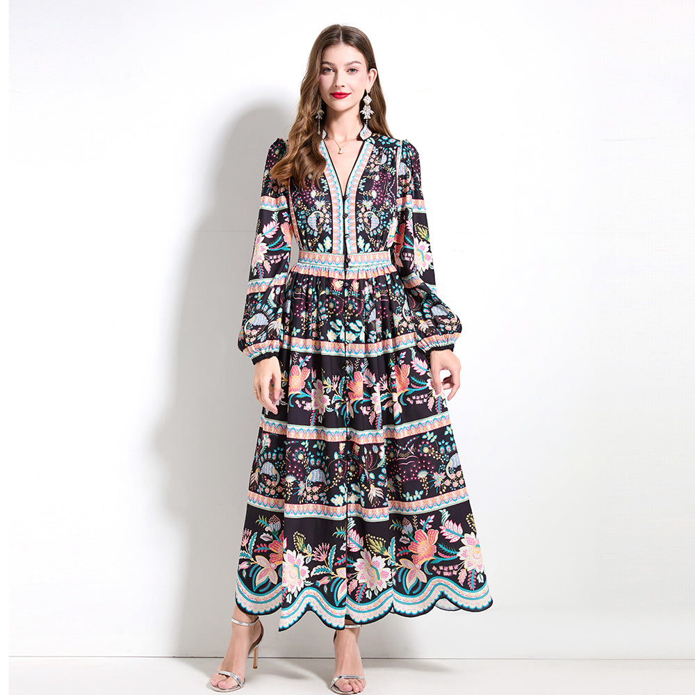 CM-DY030606 Women Trendy Bohemian Style V-Neck Long Sleeve Pinched Waist Cupcake Dress - Black