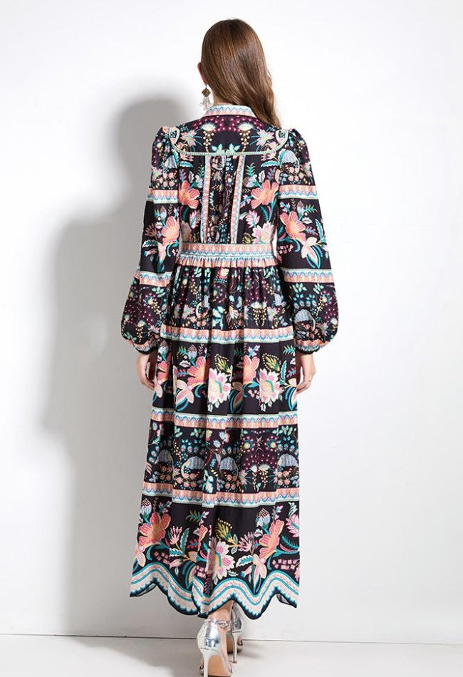 CM-DY030606 Women Trendy Bohemian Style V-Neck Long Sleeve Pinched Waist Cupcake Dress - Black