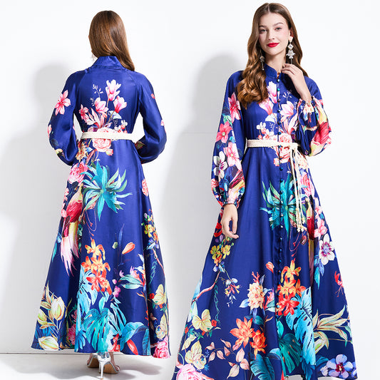 CM-DY030607 Women Elegant European Style Stand Collar Lantern Sleeve Maxi Dress - Navy Blue