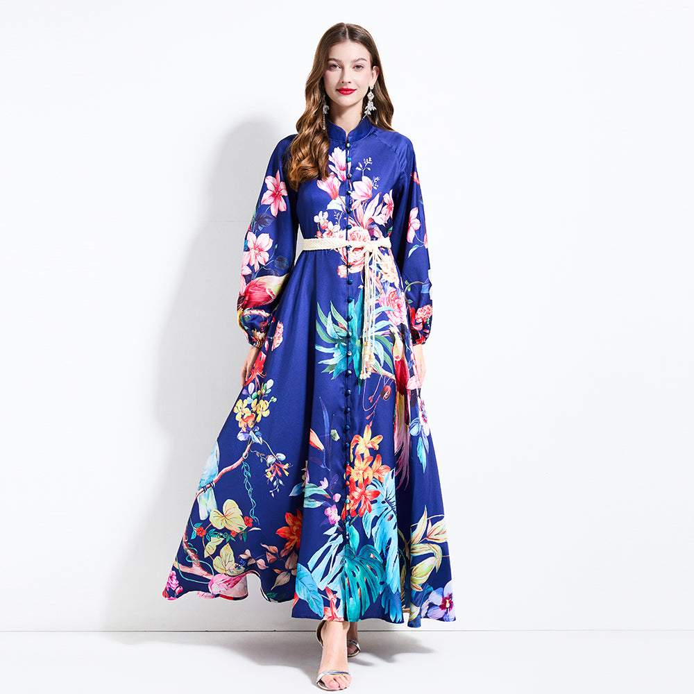 CM-DY030607 Women Elegant European Style Stand Collar Lantern Sleeve Maxi Dress - Navy Blue