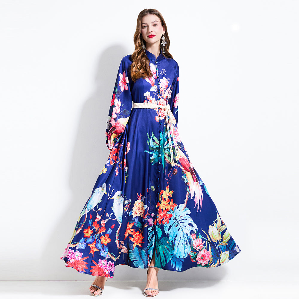 CM-DY030607 Women Elegant European Style Stand Collar Lantern Sleeve Maxi Dress - Navy Blue