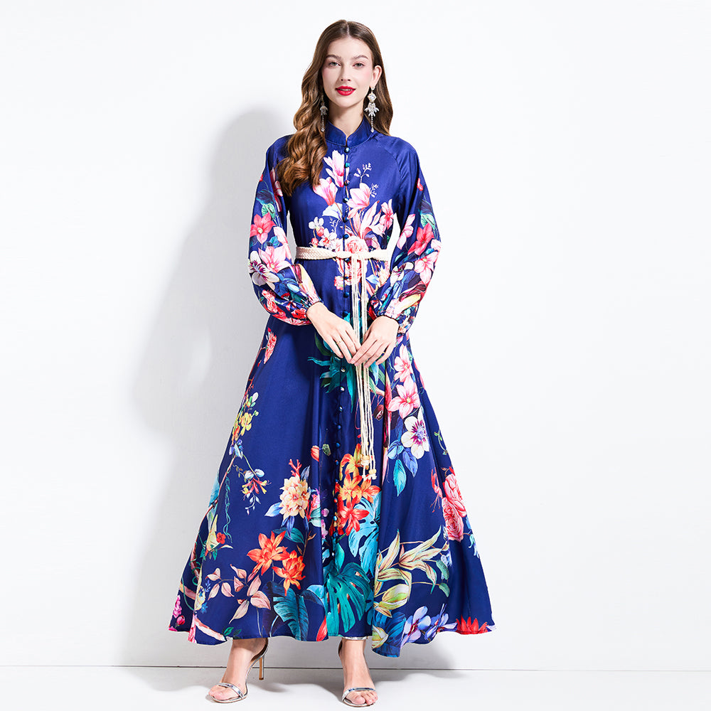 CM-DY030607 Women Elegant European Style Stand Collar Lantern Sleeve Maxi Dress - Navy Blue