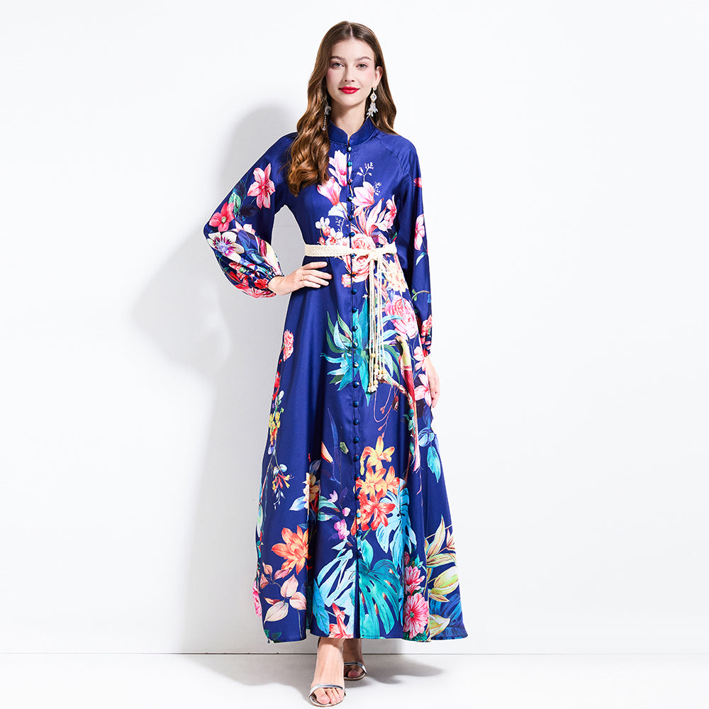 CM-DY030607 Women Elegant European Style Stand Collar Lantern Sleeve Maxi Dress - Navy Blue