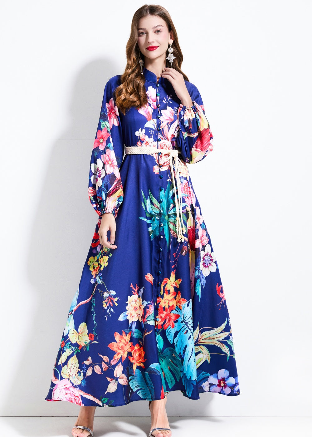 CM-DY030607 Women Elegant European Style Stand Collar Lantern Sleeve Maxi Dress - Navy Blue