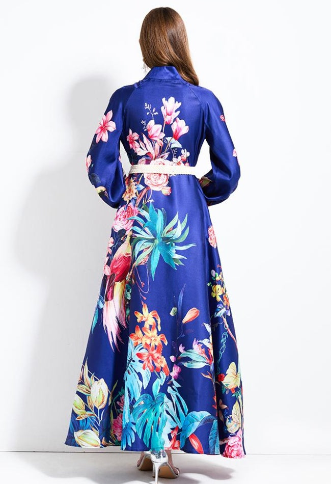 CM-DY030607 Women Elegant European Style Stand Collar Lantern Sleeve Maxi Dress - Navy Blue