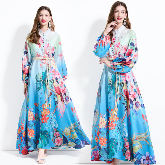 CM-DY030608 Women Elegant European Style Floral Print Stand Collar Lantern Sleeve Maxi Dress