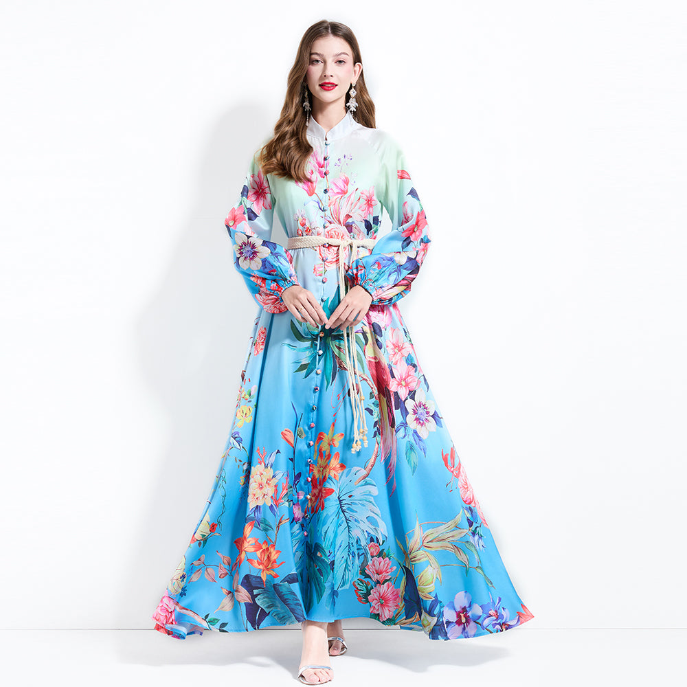 CM-DY030608 Women Elegant European Style Floral Print Stand Collar Lantern Sleeve Maxi Dress