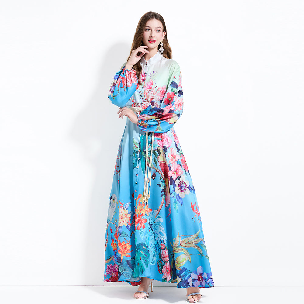 CM-DY030608 Women Elegant European Style Floral Print Stand Collar Lantern Sleeve Maxi Dress