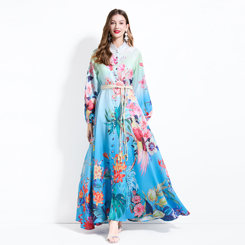 CM-DY030608 Women Elegant European Style Floral Print Stand Collar Lantern Sleeve Maxi Dress