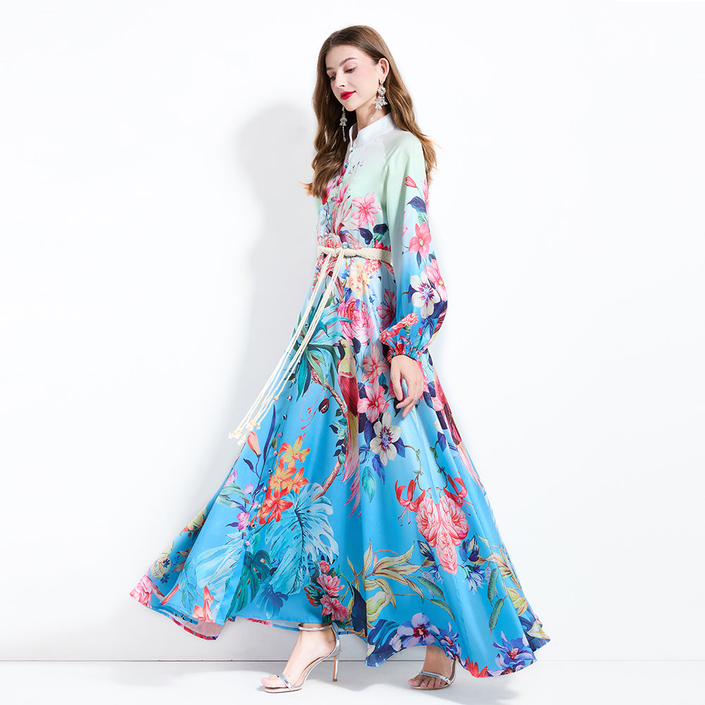 CM-DY030608 Women Elegant European Style Floral Print Stand Collar Lantern Sleeve Maxi Dress