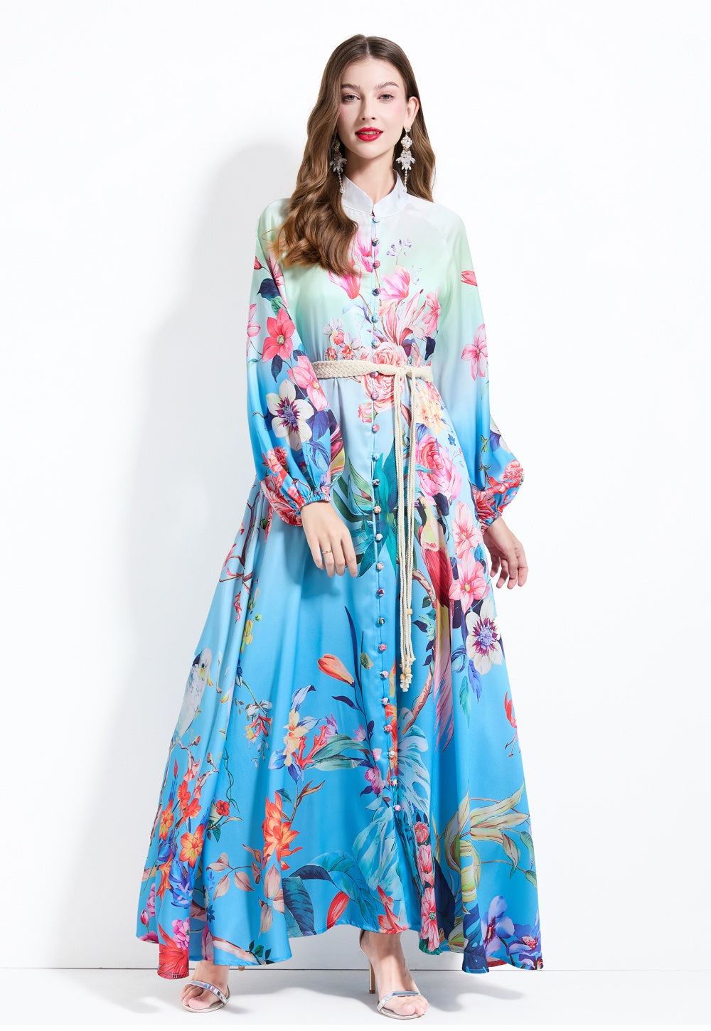 CM-DY030608 Women Elegant European Style Floral Print Stand Collar Lantern Sleeve Maxi Dress
