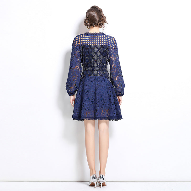 CM-DY030710 Women Elegant European Style V-Neck Long Sleeve Slim Lace Dress - Navy Blue