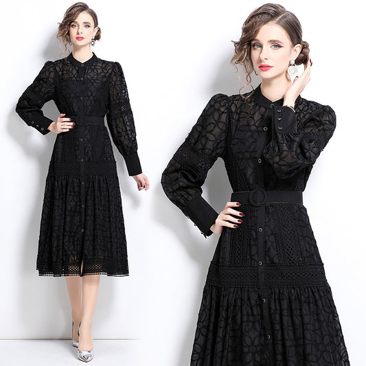 CM-DY030711 Women Elegant European Style Round Neck Lantern Sleeve Embroidered Slim Dress - Black