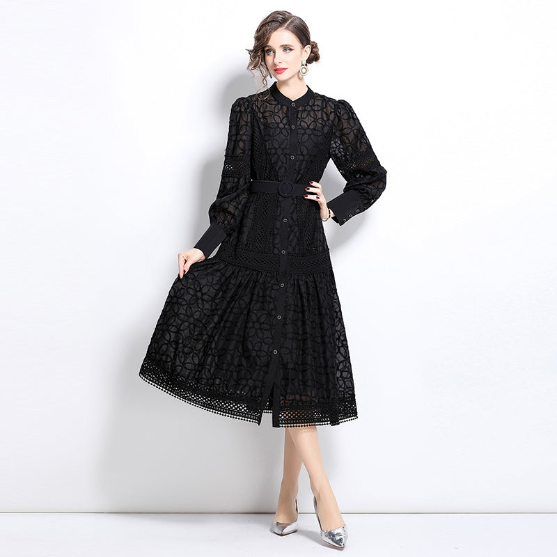 CM-DY030711 Women Elegant European Style Round Neck Lantern Sleeve Embroidered Slim Dress - Black