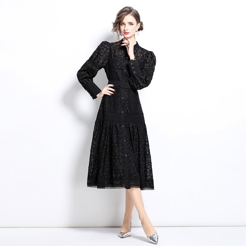 CM-DY030711 Women Elegant European Style Round Neck Lantern Sleeve Embroidered Slim Dress - Black