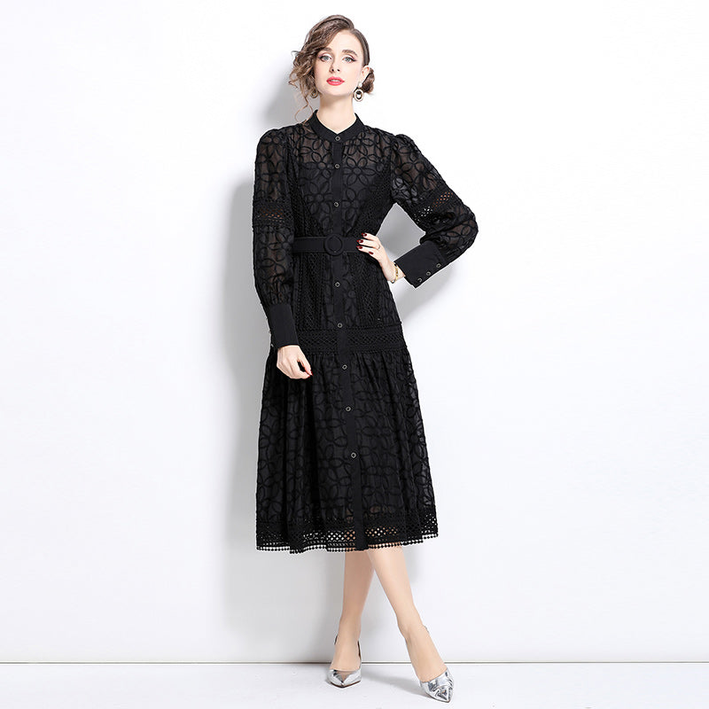 CM-DY030711 Women Elegant European Style Round Neck Lantern Sleeve Embroidered Slim Dress - Black