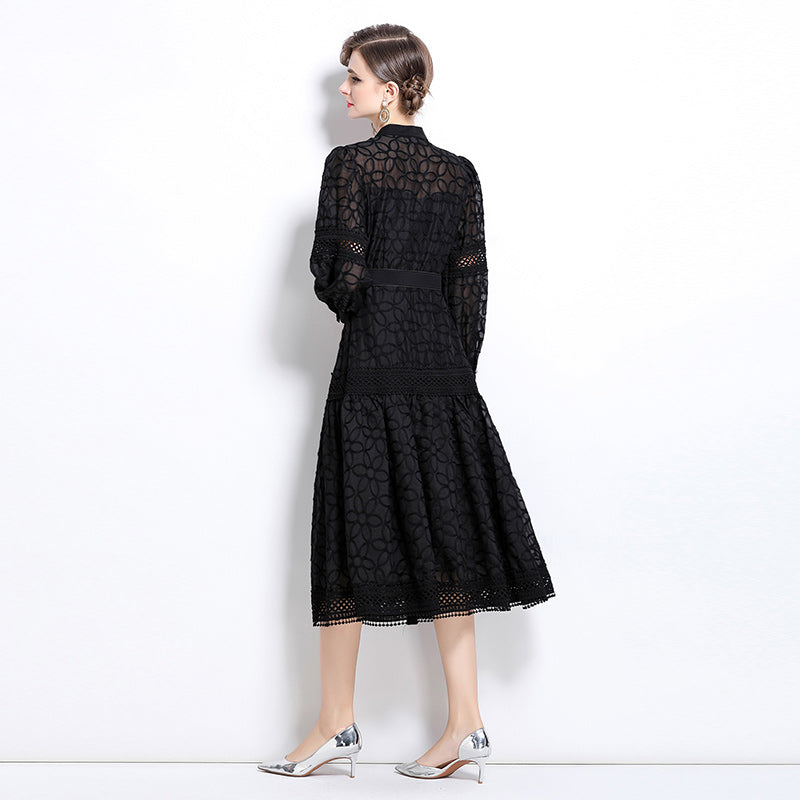 CM-DY030711 Women Elegant European Style Round Neck Lantern Sleeve Embroidered Slim Dress - Black