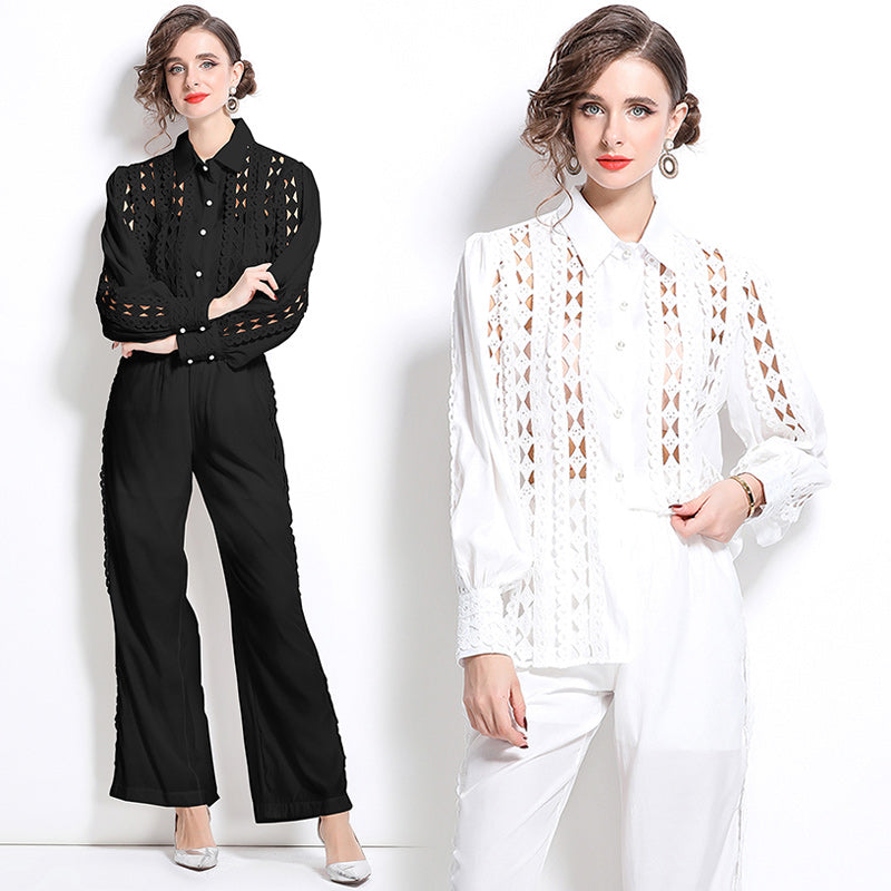 CM-SY030832 Women Elegant European Style Hollow Collar Neckline Long Sleeve With High Waist Pants - Set (Available in 2 colors)