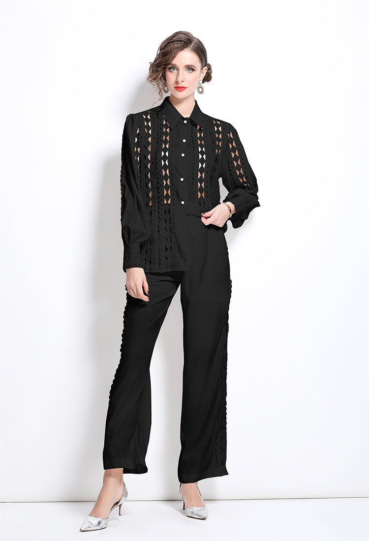 CM-SY030832 Women Elegant European Style Hollow Collar Neckline Long Sleeve With High Waist Pants - Set (Available in 2 colors)