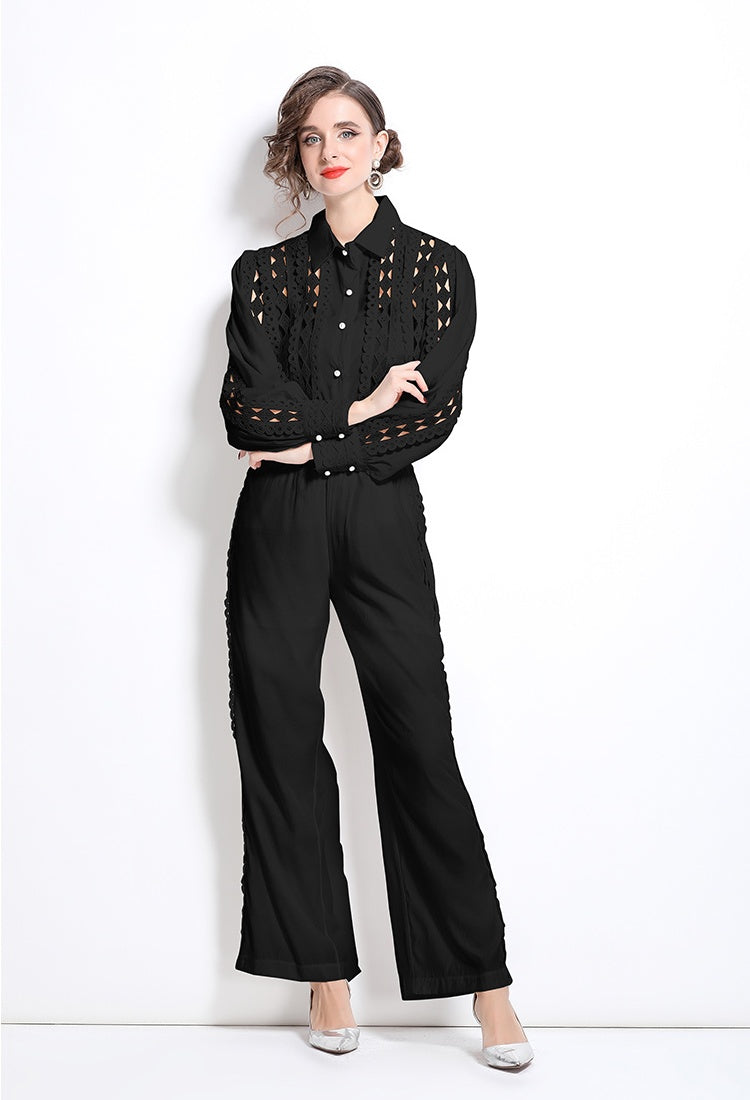CM-SY030832 Women Elegant European Style Hollow Collar Neckline Long Sleeve With High Waist Pants - Set (Available in 2 colors)