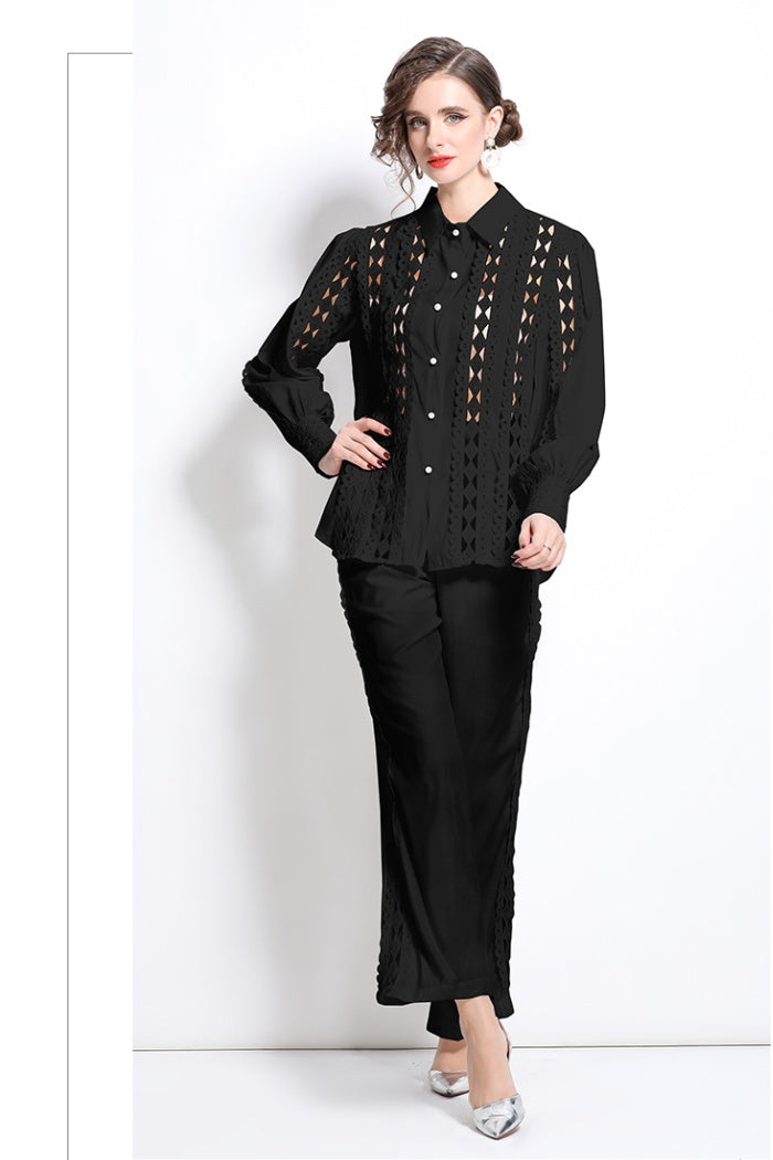 CM-SY030832 Women Elegant European Style Hollow Collar Neckline Long Sleeve With High Waist Pants - Set (Available in 2 colors)