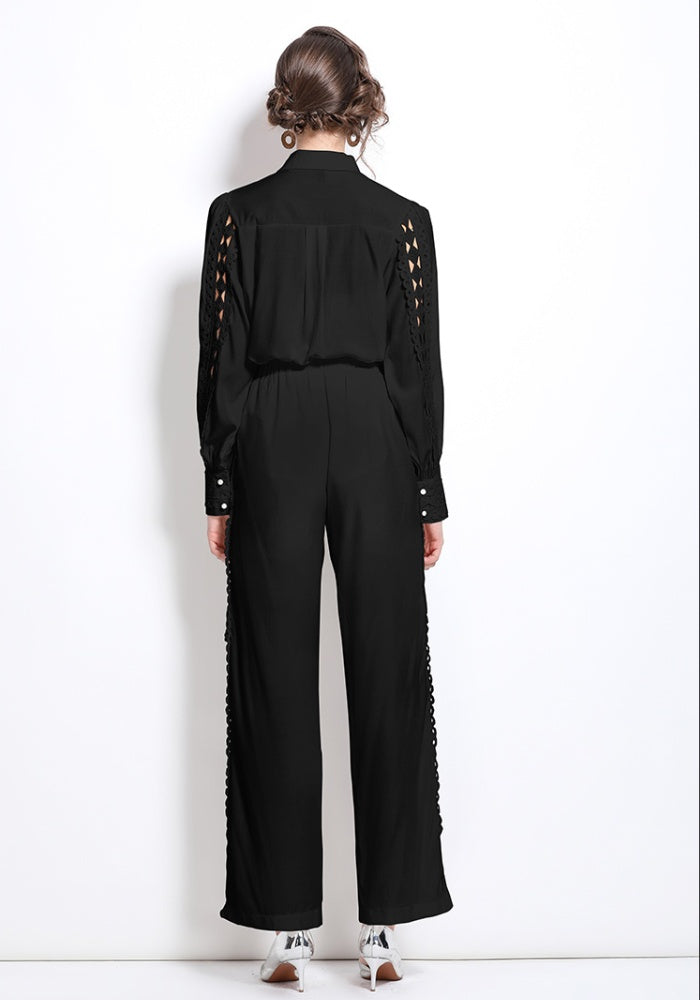 CM-SY030832 Women Elegant European Style Hollow Collar Neckline Long Sleeve With High Waist Pants - Set (Available in 2 colors)