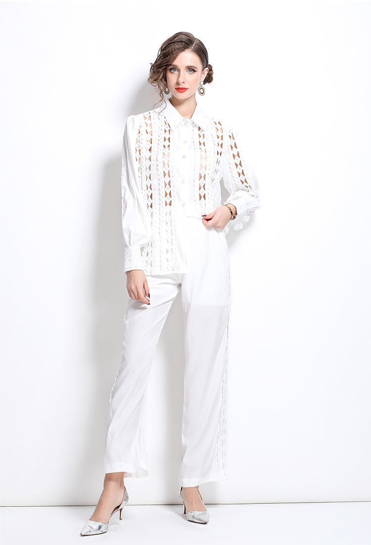CM-SY030832 Women Elegant European Style Hollow Collar Neckline Long Sleeve With High Waist Pants - Set (Available in 2 colors)