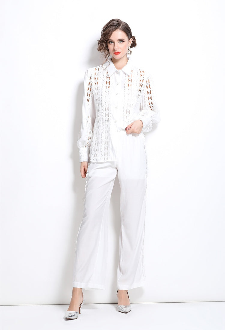 CM-SY030832 Women Elegant European Style Hollow Collar Neckline Long Sleeve With High Waist Pants - Set (Available in 2 colors)