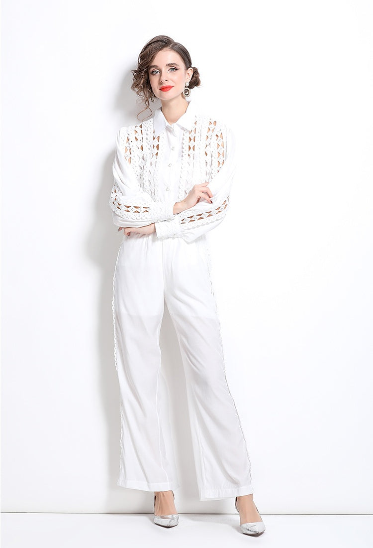 CM-SY030832 Women Elegant European Style Hollow Collar Neckline Long Sleeve With High Waist Pants - Set (Available in 2 colors)