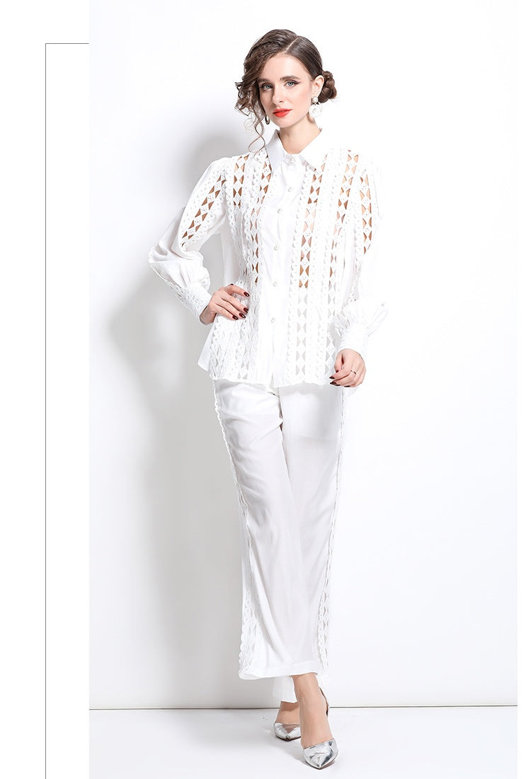 CM-SY030832 Women Elegant European Style Hollow Collar Neckline Long Sleeve With High Waist Pants - Set (Available in 2 colors)
