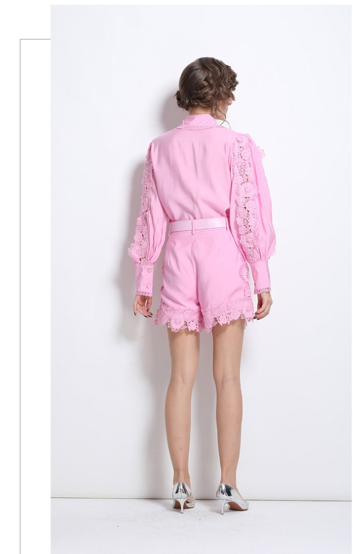 CM-SY030833 Women Elegant European Style Collar Neckline Long Sleeve Embroidery Lace Blouse With Shorts (Available in 3 colors)