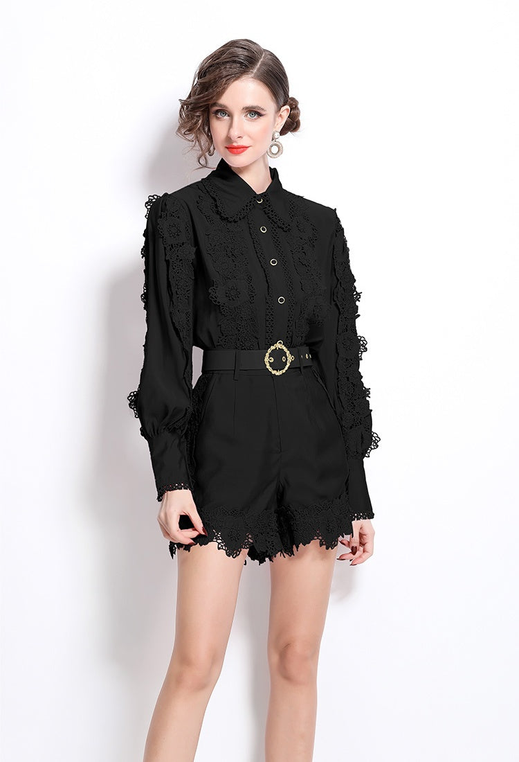CM-SY030833 Women Elegant European Style Collar Neckline Long Sleeve Embroidery Lace Blouse With Shorts (Available in 3 colors)
