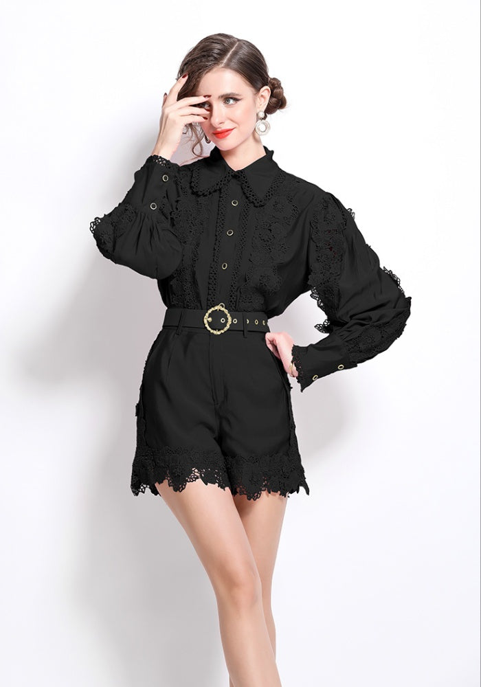 CM-SY030833 Women Elegant European Style Collar Neckline Long Sleeve Embroidery Lace Blouse With Shorts (Available in 3 colors)