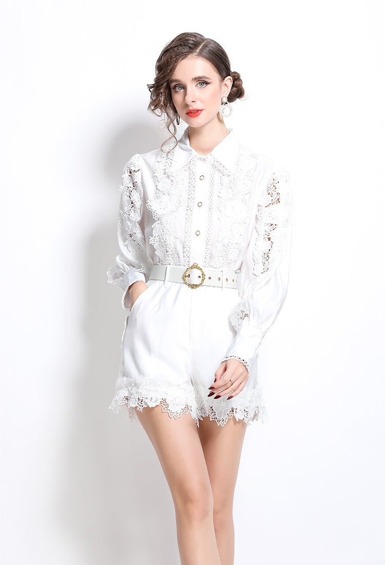 CM-SY030833 Women Elegant European Style Collar Neckline Long Sleeve Embroidery Lace Blouse With Shorts (Available in 3 colors)