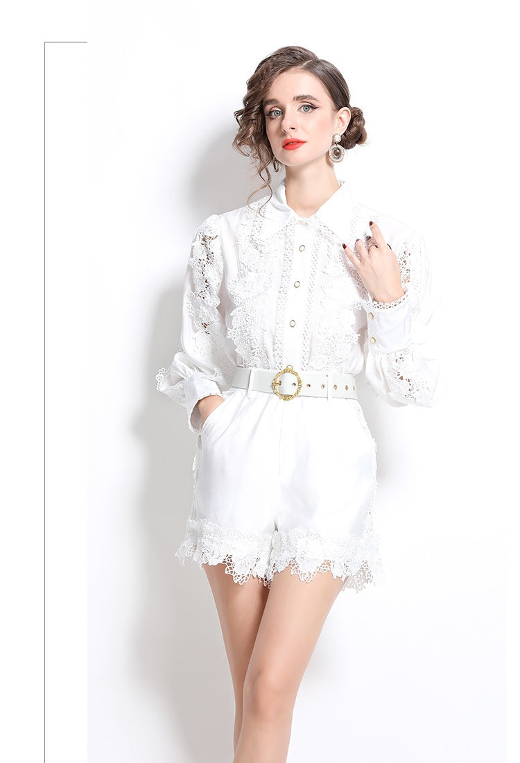 CM-SY030833 Women Elegant European Style Collar Neckline Long Sleeve Embroidery Lace Blouse With Shorts (Available in 3 colors)